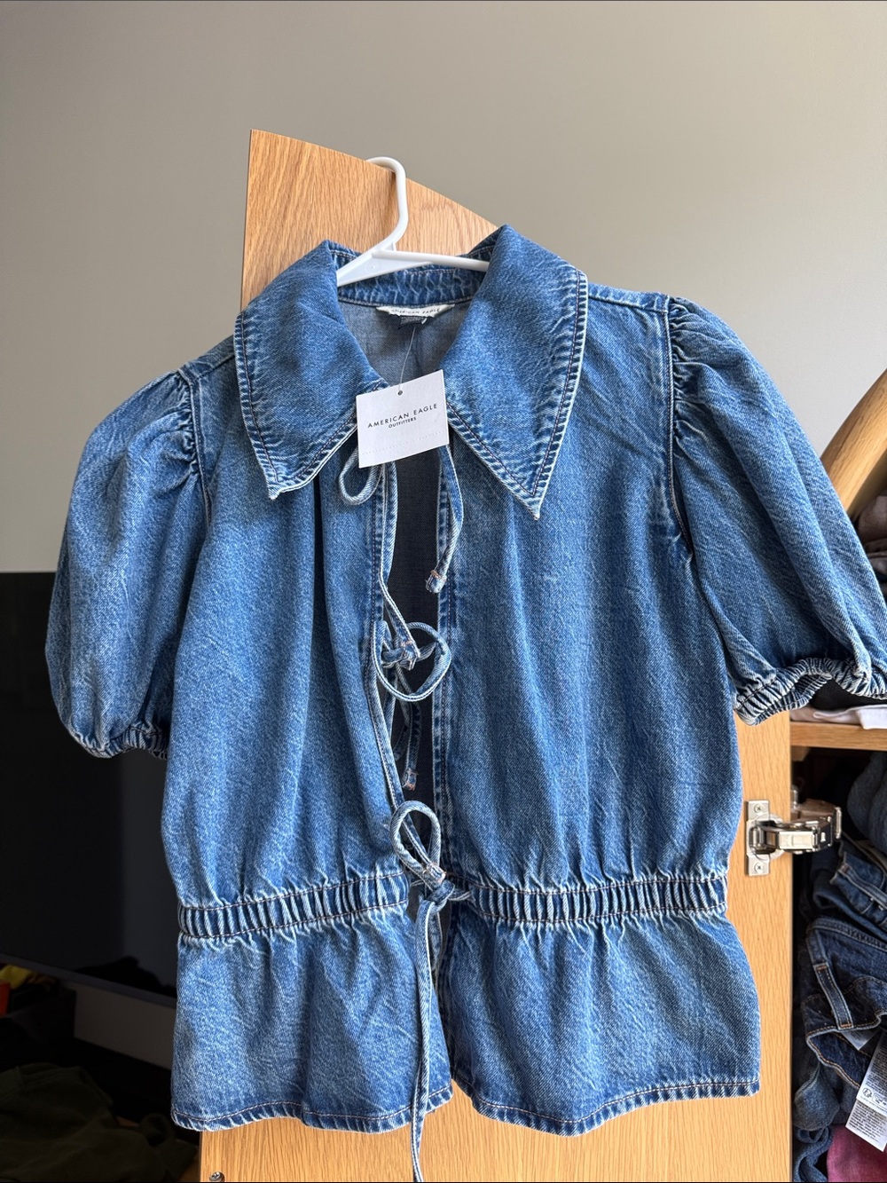 American Eagle Outfitters Blue Denim Puff-Sleeve Jacket with Tie Front